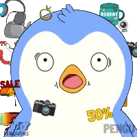 a penguin surrounded by various items with the words sale and 50 % penguins written on the bottom a penguin surrounded by various items with the words sale and 50 % penguins written on the bottom