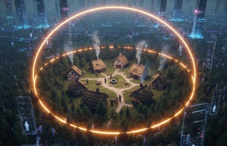 A high-angle, cinematic view of a small, tranquil medieval village with thatched-roof cottages, glowing gently under a protective golden dome of light. Outside the dome, the environment transforms into a dark, sprawling, high-tech megacity filled with glowing digital data structures. This visual represents the ‘Dunbar Reset,’ illustrating a human-scale sanctuary of 150 people thriving amidst the overwhelming noise of a global, digital world.
