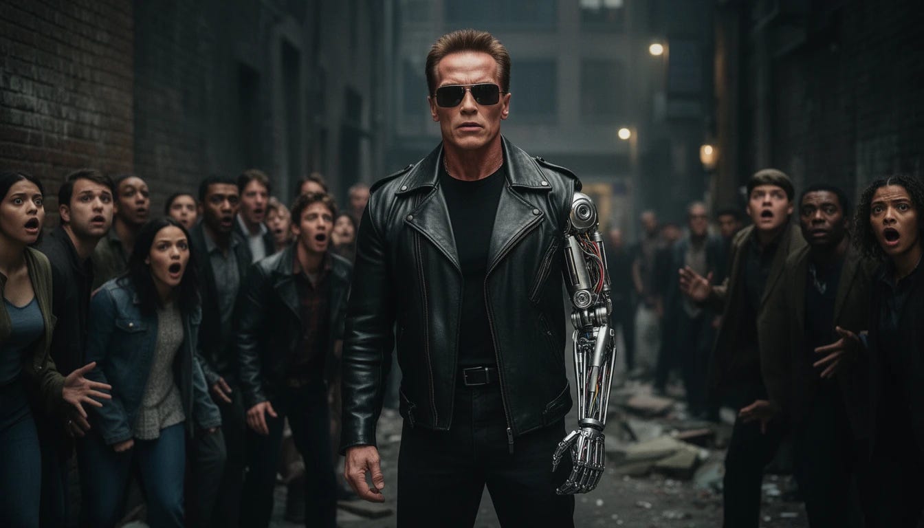 Arnold Swarzenegger The Terminator showing off robot arm to panicked humans
