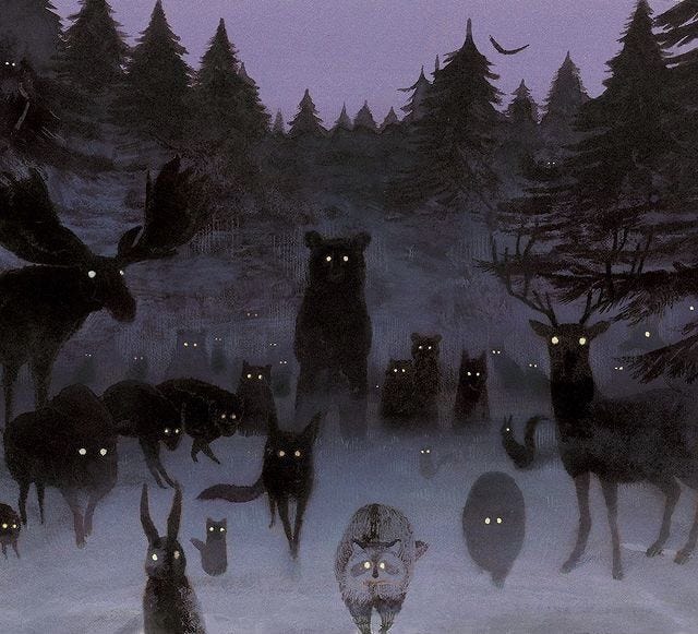 This may contain: many cats are walking in the snow at night with glowing eyes on their faces and behind them is a forest full of trees