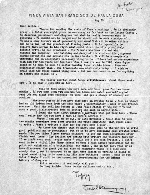 Ernest Hemingway's letter to MacLeish about Pound's madness and treason