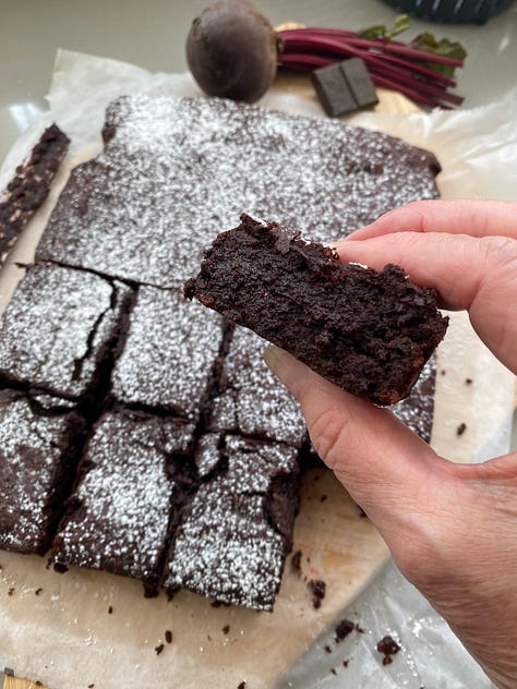 Vegetable pasties. Beetroot and chocolate brownies. Chocolate traybake with a chocolate glaze.