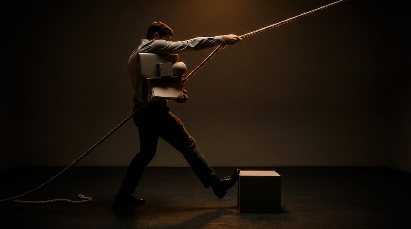 A person in a white shirt leans back at full body tension, straining to hold a long rope or pole that extends diagonally across a dark stage. The theatrical lighting and posture convey the effort of holding together multiple competing forces throughout the day.