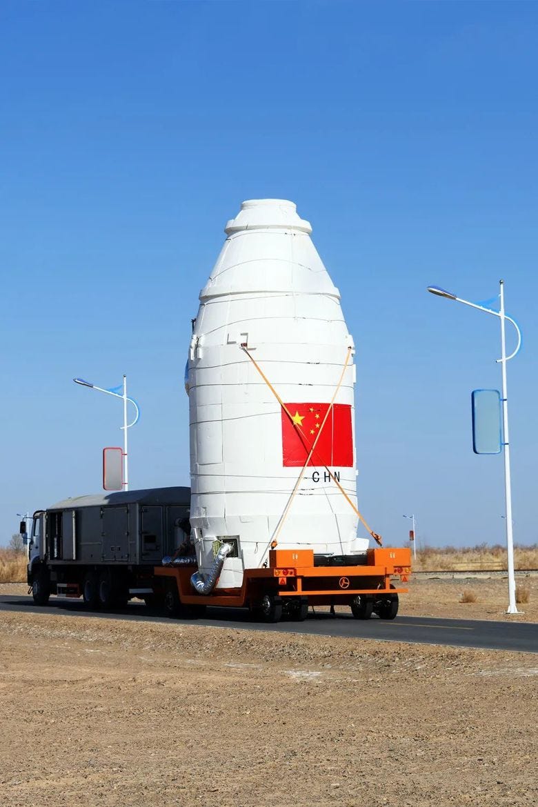The fairing of the Long March 2D/YZ-3 Y87 vehicle with the satellites onboard during transportation.