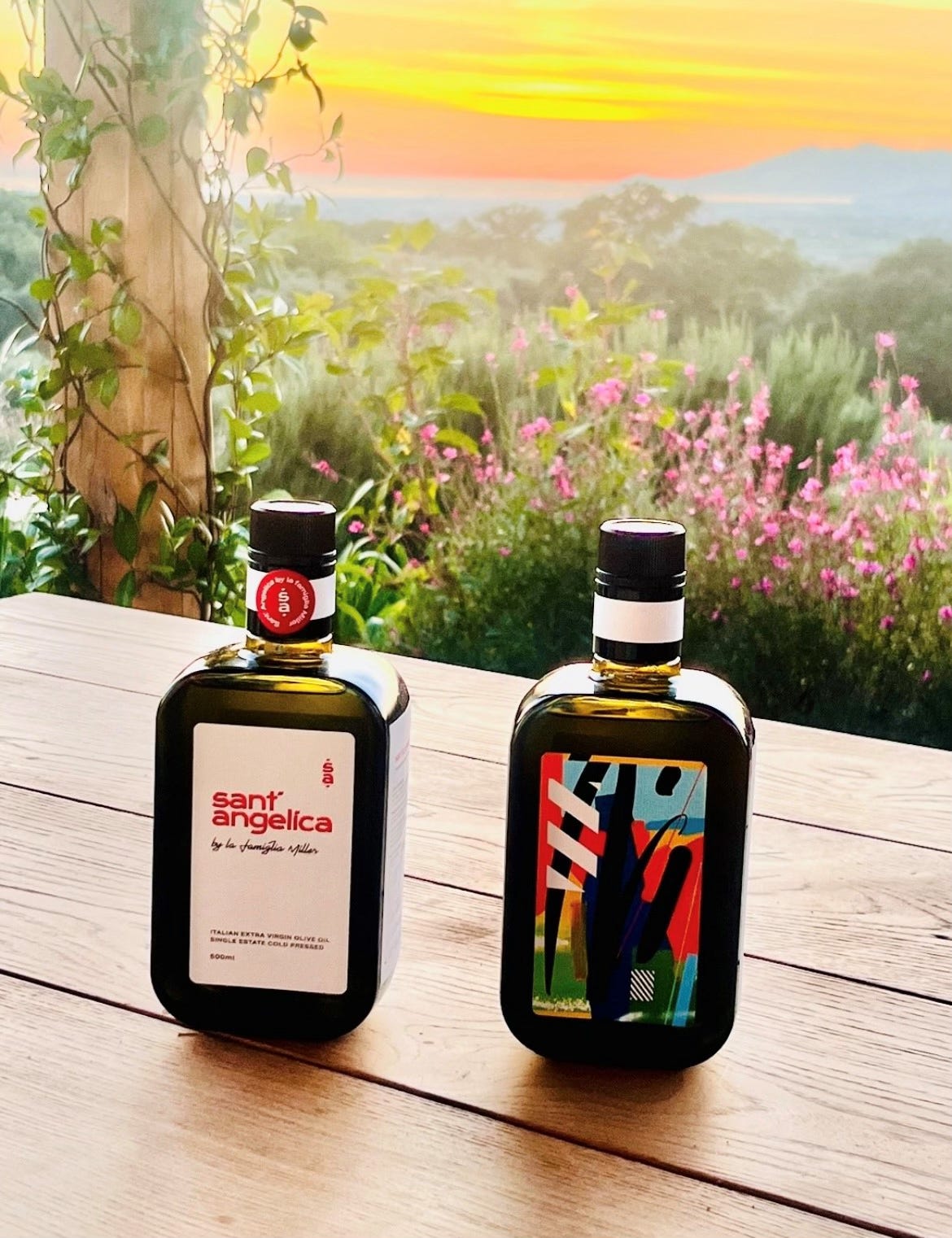 Sant’ Angelica Extra Virgin Olive Oil featuring artwork by Maser