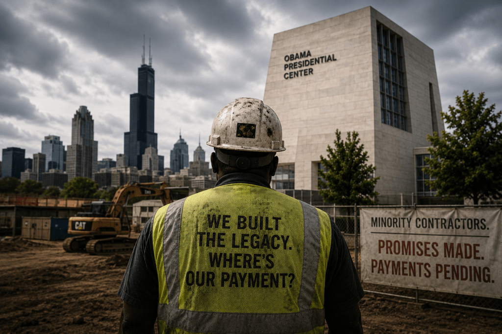 Construction worker wearing a safety vest with a message about payment, looking at the Obama Presidential Center in Chicago, with a city skyline in the background. Construction worker wearing a safety vest with a message about payment, looking at the Obama Presidential Center in Chicago, with a city skyline in the background.