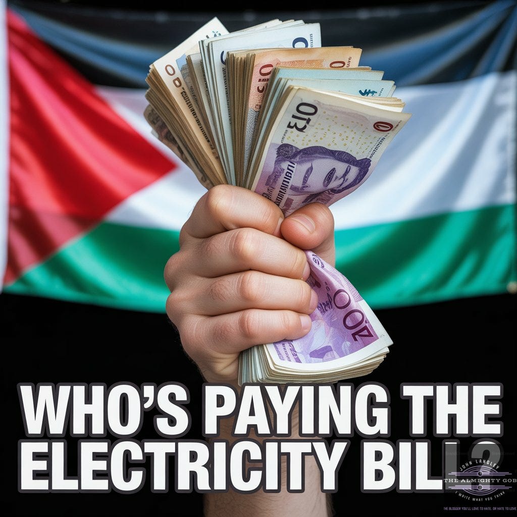 A fist gripping a large quantity of British banknotes held in front of a Palestinian flag. Bold white text reads: WHO'S PAYING THE ELECTRICITY BILL? Image from The Almighty Gob investigation into Palestine Action funding and foreign influence in UK politics.