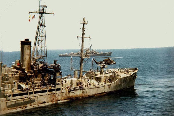 Image of the USS Liberty after the 1967 attack by Israeli forces