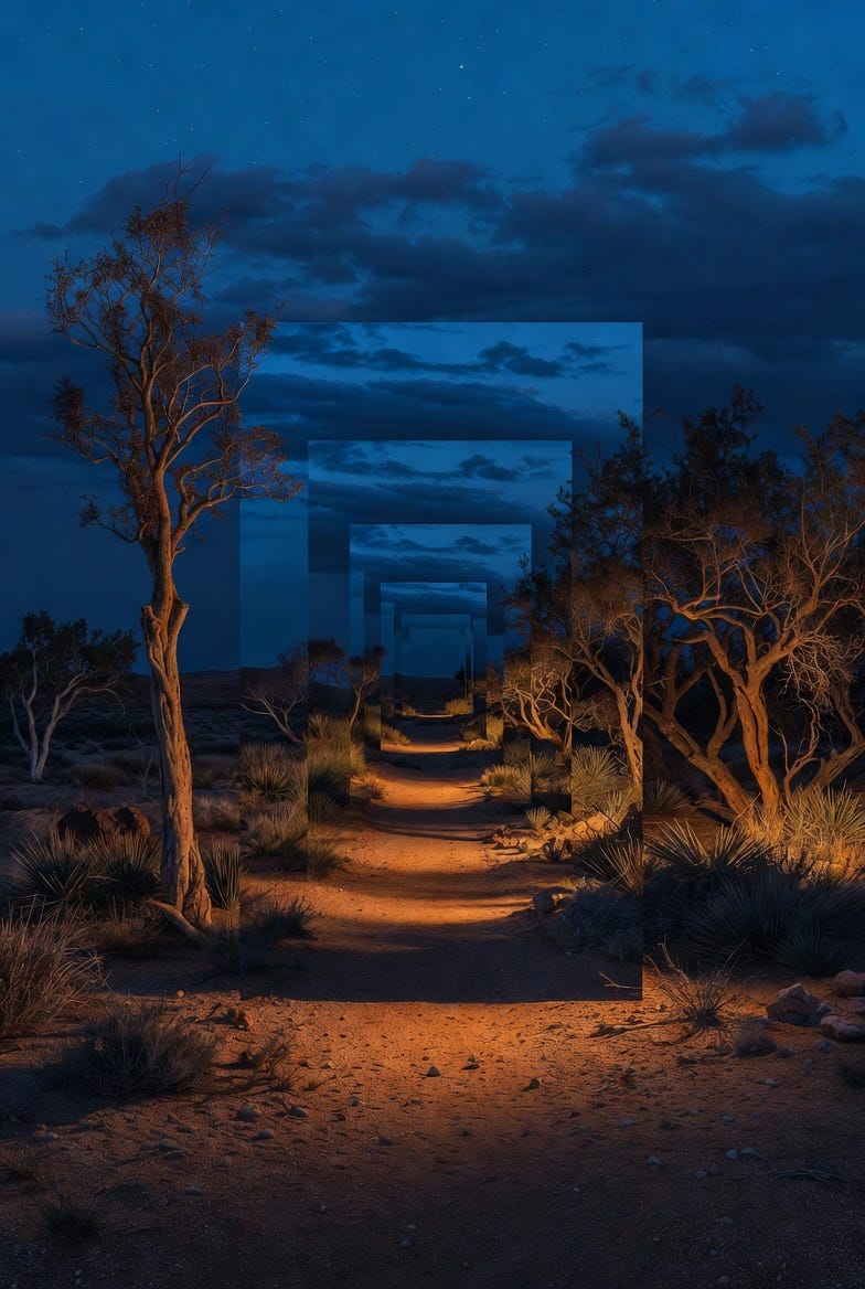 A surreal desert twilight scene with a central path to a garden of twisted trees, under a deep blue sky.