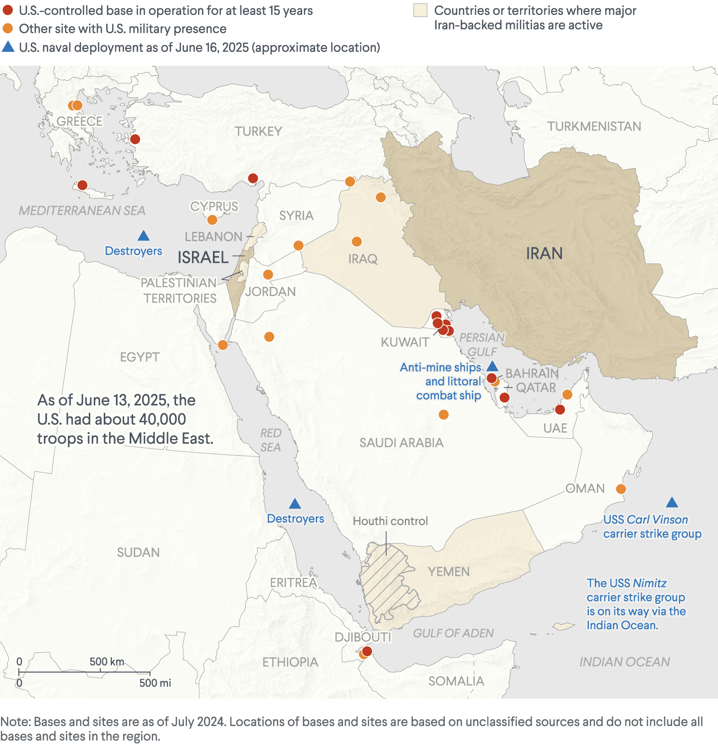 A map of U.S. military presence in the Middle East including U.S. military bases and naval deployments near Iran.
