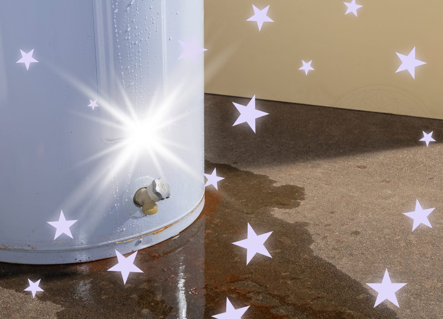 hot water heater leaking with stars and glowing lights around it