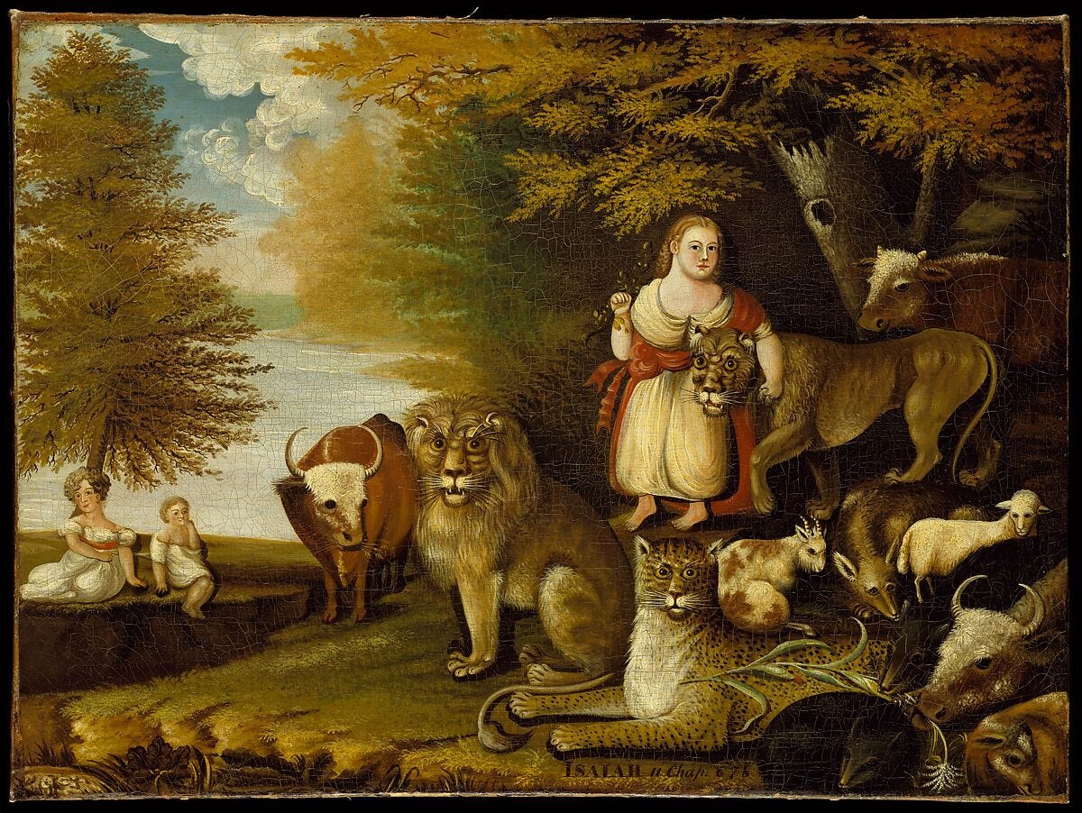 Peaceable Kingdom, Edward Hicks (American, Langhorne, Pennsylvania 1780–1849 Newtown, Pennsylvania), Oil on canvas, American Peaceable Kingdom, Edward Hicks (American, Langhorne, Pennsylvania 1780–1849 Newtown, Pennsylvania), Oil on canvas, American