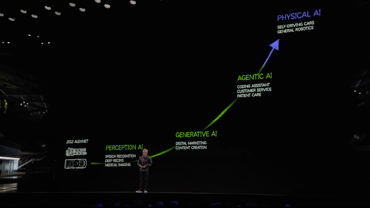NVIDIA CEO Jensen Huang on stage discussing the evolution of AI 