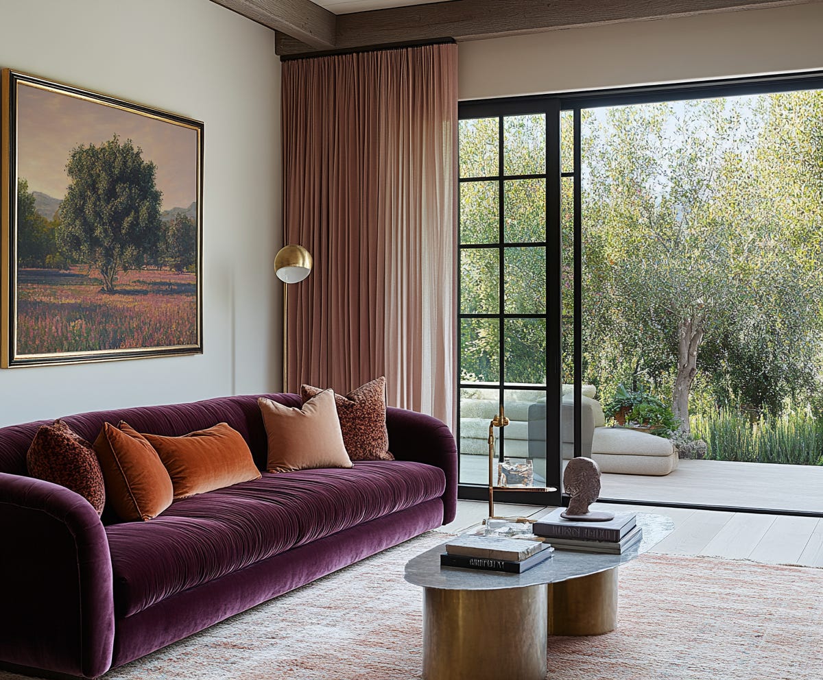 luxury living room with plum velvet sofa and dusk pink linen curtains, plush design interiors adelaide