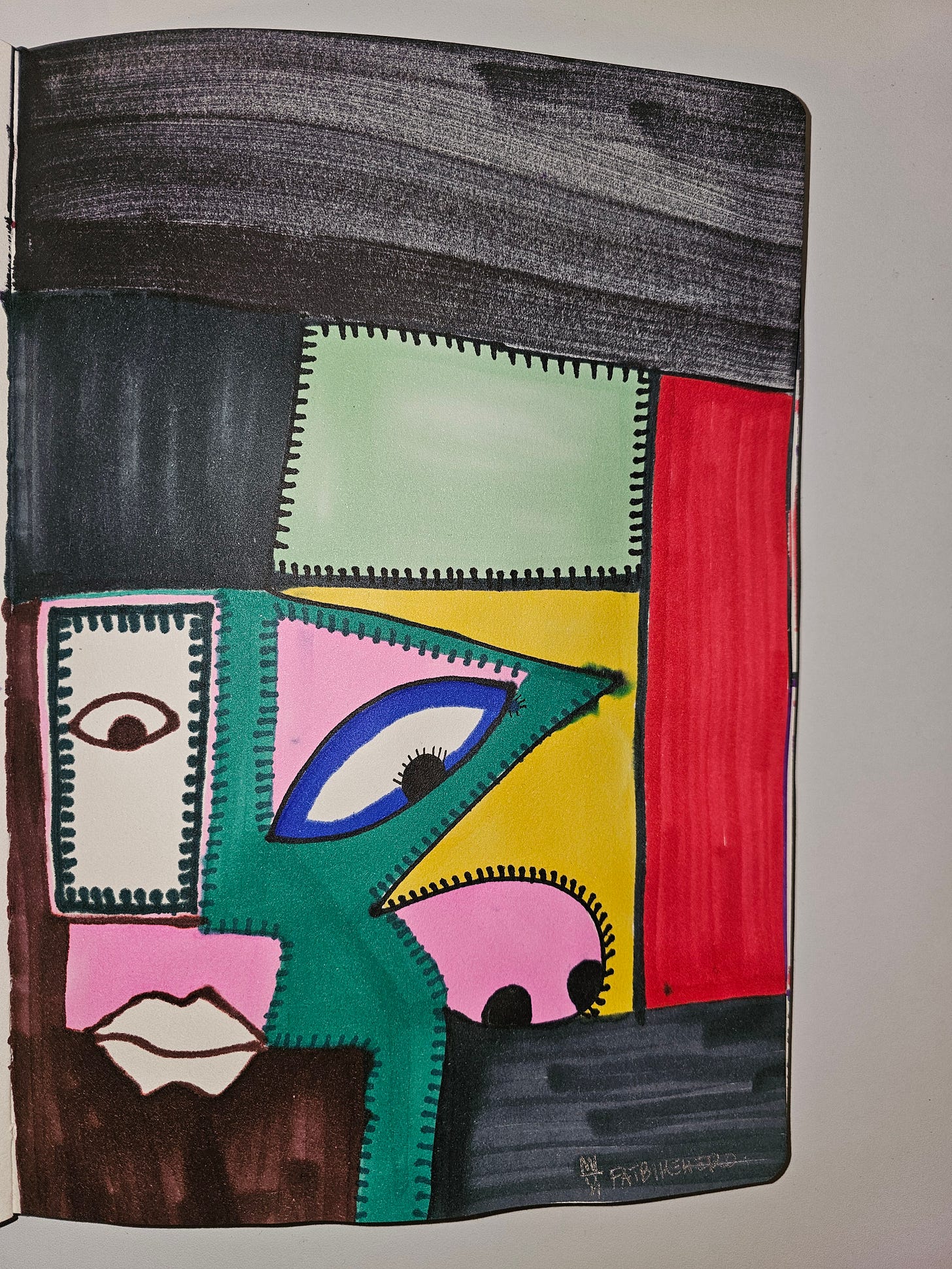 Hand-drawn mixed media artwork by FatbikeHero depicting a fragmented geometric face symbolizing the attention economy and creator optimization culture.