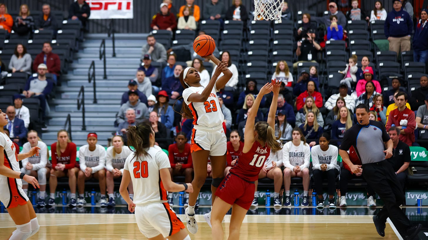 Madison St. Rose (#23) shoots during Princeton’s Ivy League semifinal game against Penn on March 10, 2023. (Photo by Shelley Szwast / courtesy of Princeton athletics) Madison St. Rose (#23) shoots during Princeton’s Ivy League semifinal game against Penn on March 10, 2023. (Photo by Shelley Szwast / courtesy of Princeton athletics)