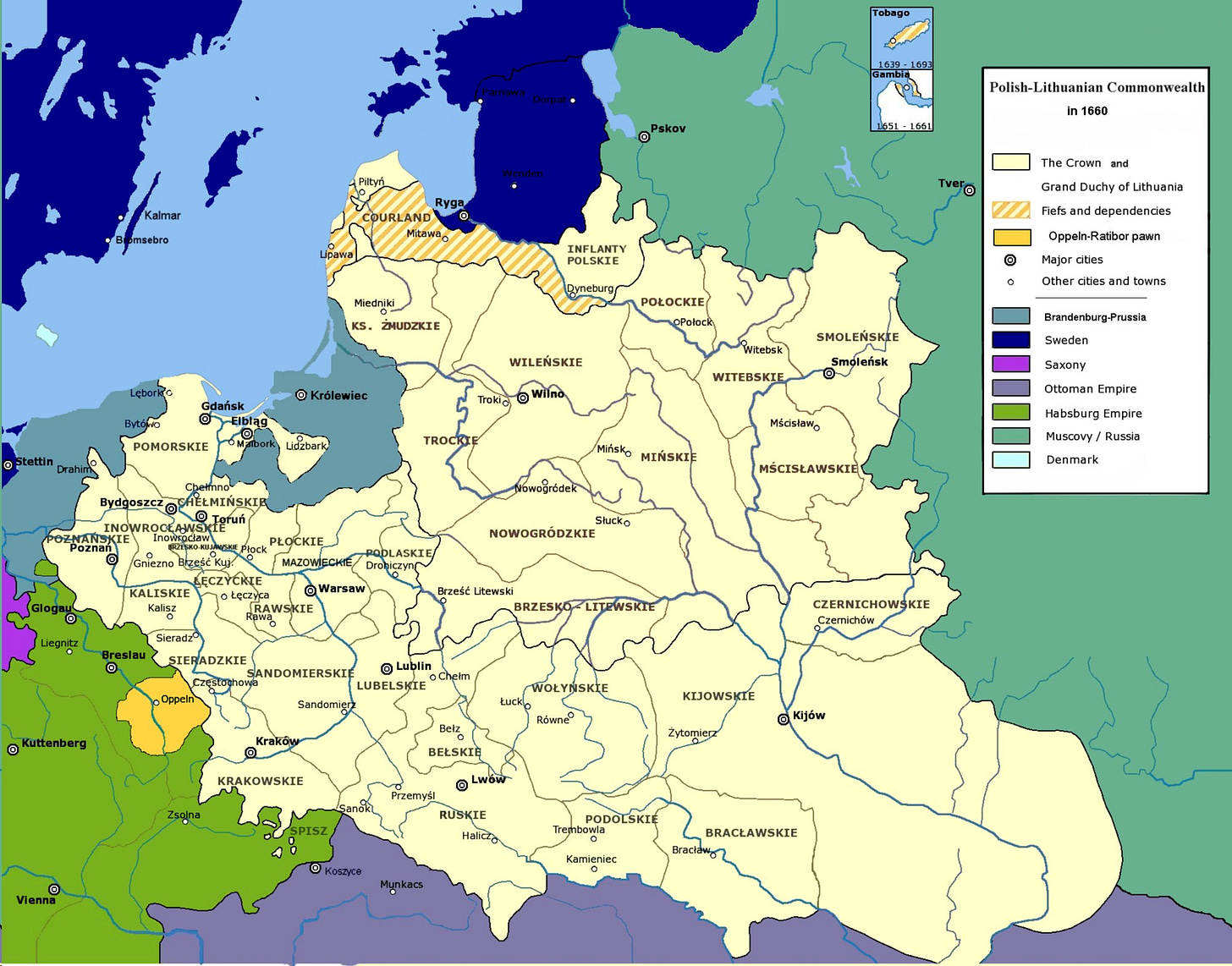 Prussia outside the Polish - Lithuanian Commonwealth in 1660, taken from https://en.wikipedia.org/wiki/Treaty_of_Oliva#/media/File:Polish-Lithuanian_Commonwealth_in_1660.PNG