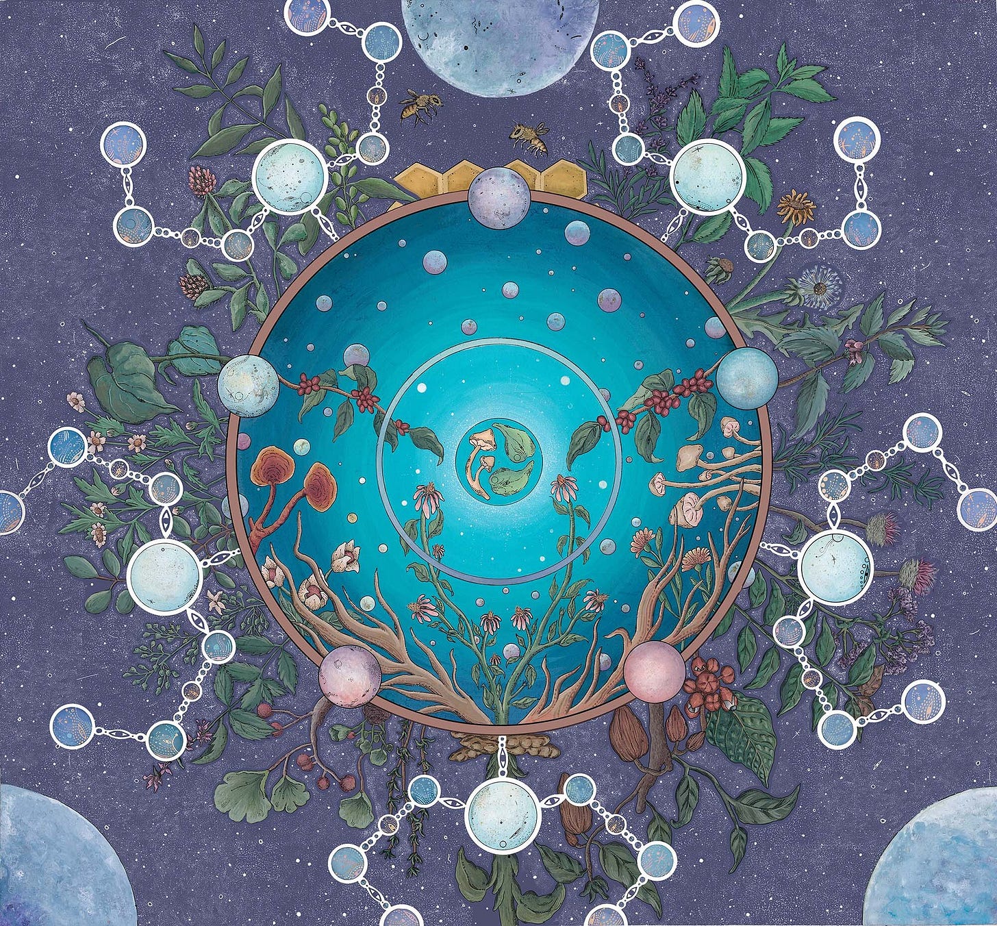 A painting with lots of diffrent circles and plants floating around, deep purples and blues, and green stems shooting out of a larger circle in the middle. 