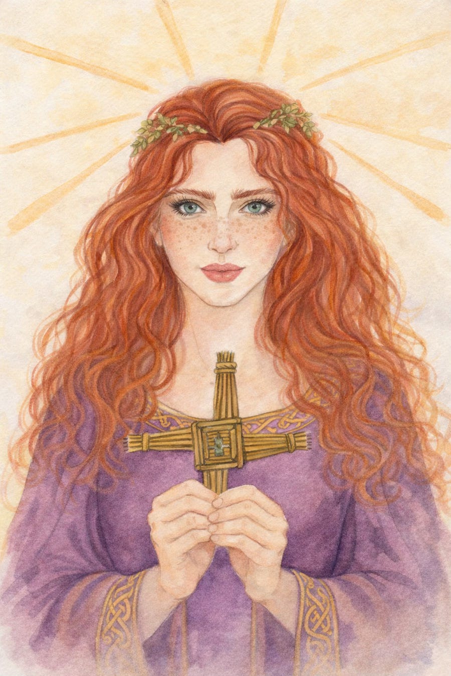 Brigid, holding a Brigid's cross.