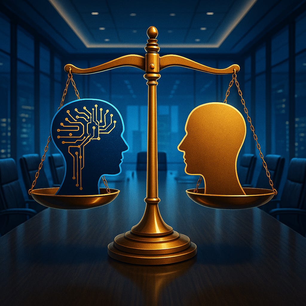 Golden scales balancing a glowing AI brain and human profile in a boardroom, symbolizing leadership balance in AI ethics and responsible governance.