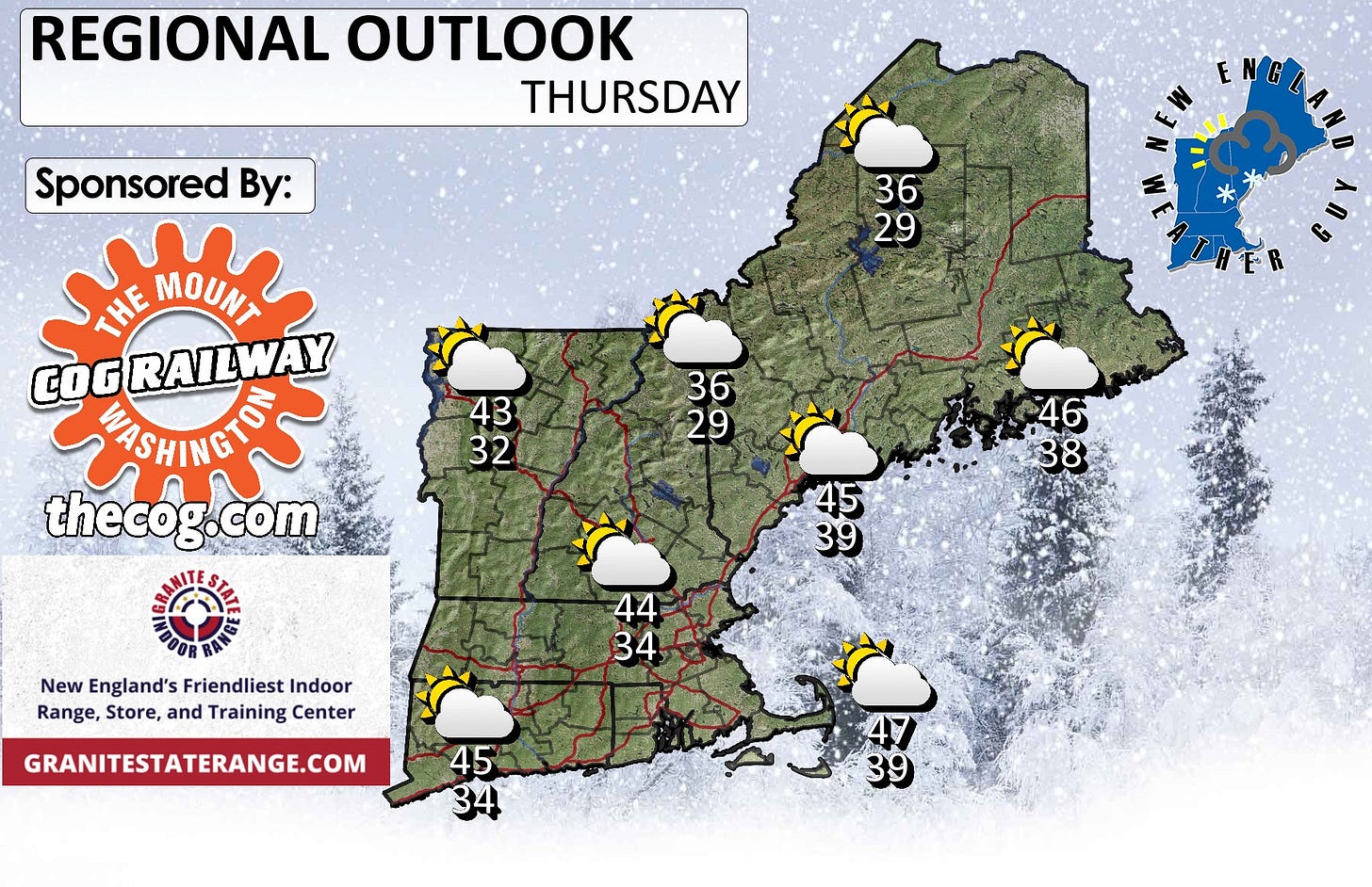 May be an image of ‎map and ‎text that says '‎REGIONAL OUTLOOK THURSDAY Sponsored By: ENGL NG E 36 36 29 HE MOUNT COGRAILWAY RAILWAY VIASHINGTO thecog.c com م HER 43 32 و2م 36 29 46 38 35 45 39 New England's Friendliest| Indoor Range, Store, and Training Center 44 34 GRANITESTATERANGE.COM 45 34 39‎'‎‎