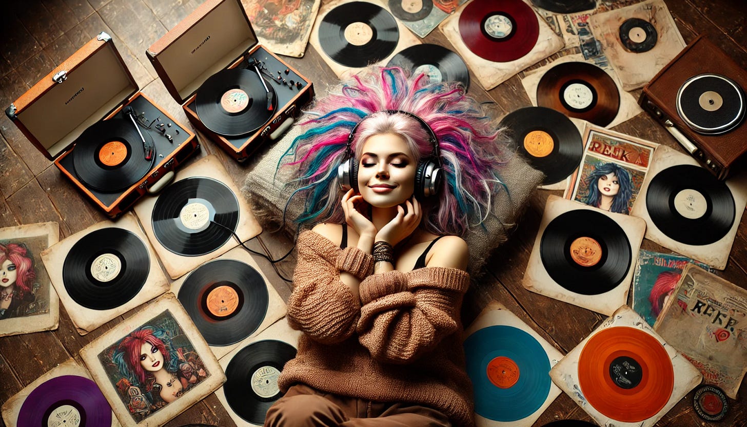 A cozy scene featuring a woman with punky, wildly colored hair lying on the floor surrounded by a collection of vinyl record albums scattered haphazardly. She is in the center of the floor, eyes closed, smiling peacefully while wearing headphones connected to a vintage record player. The albums have colorful, varied designs, and she is enjoying the music, creating a warm, nostalgic atmosphere. A cozy scene featuring a woman with punky, wildly colored hair lying on the floor surrounded by a collection of vinyl record albums scattered haphazardly. She is in the center of the floor, eyes closed, smiling peacefully while wearing headphones connected to a vintage record player. The albums have colorful, varied designs, and she is enjoying the music, creating a warm, nostalgic atmosphere.