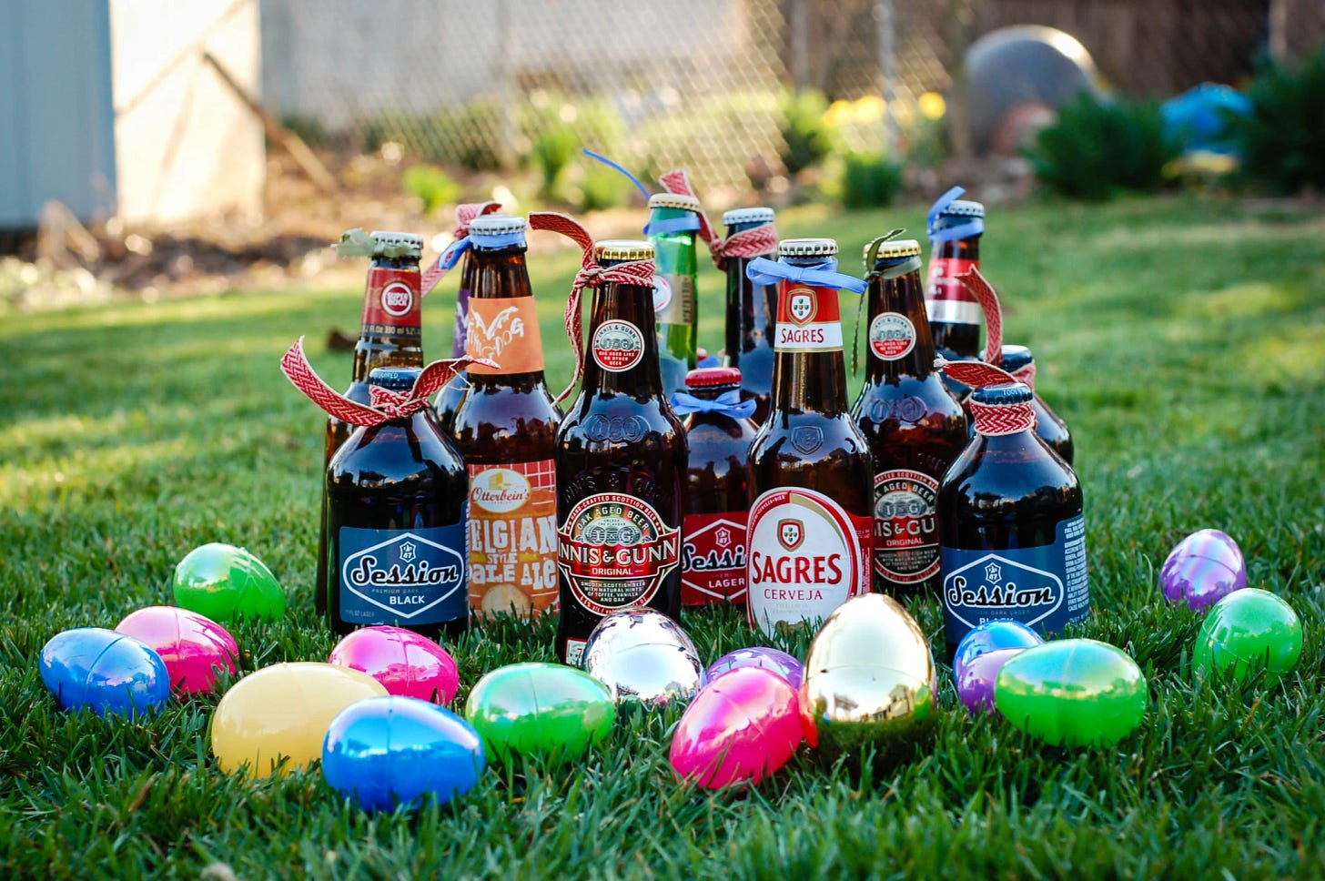 various bottled beers with Easter eggs around them