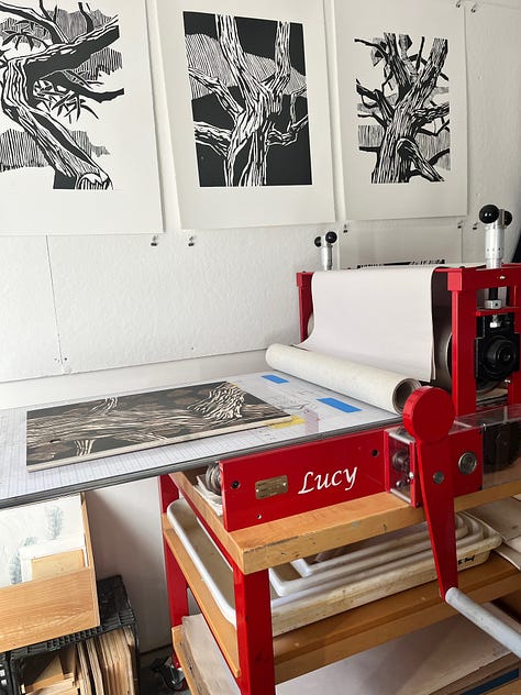 Large scale black and white woodcut by artists, Michael Rich