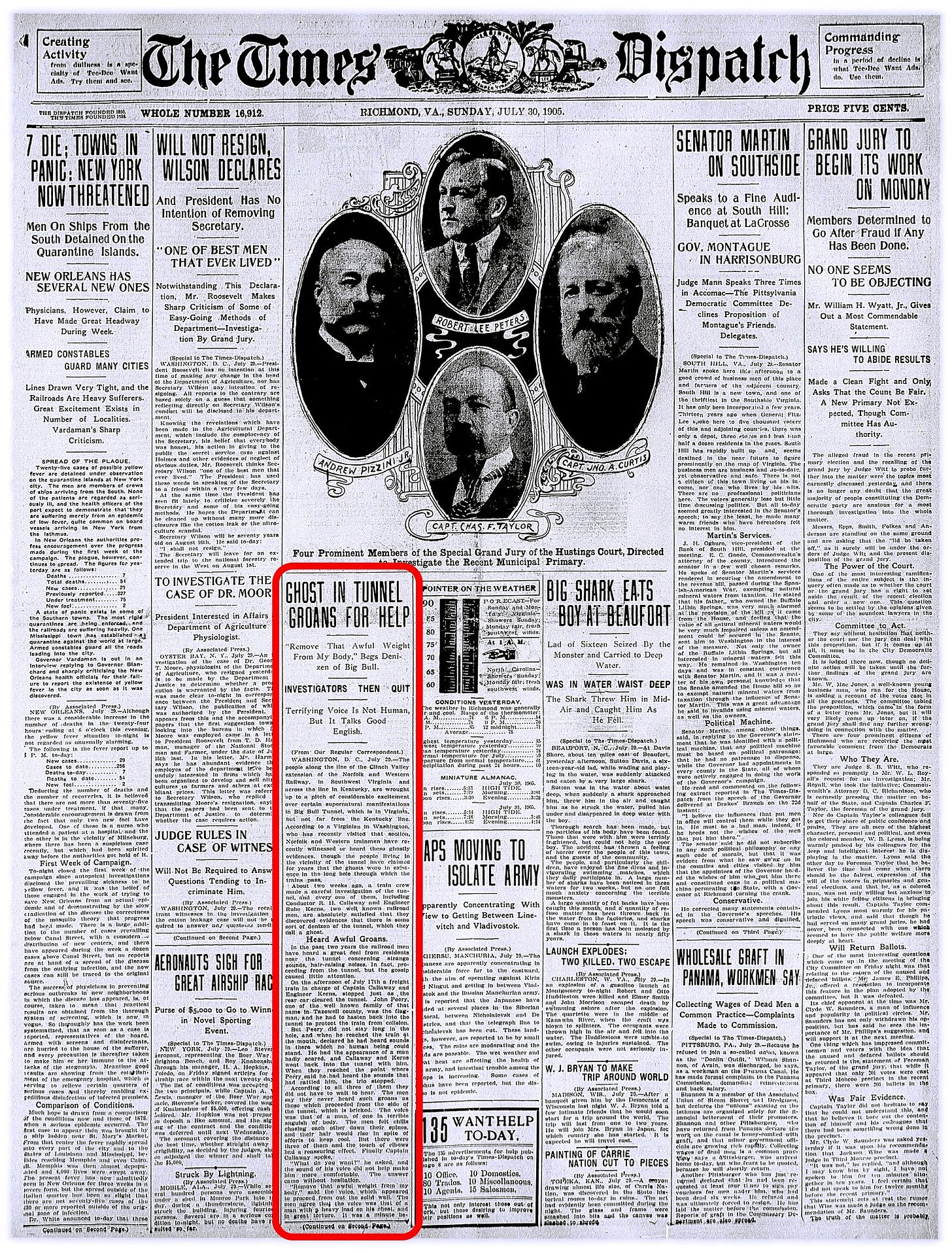 The real thing: the front page of the Richmond Times Dispatch, Sunday, July 30, 1905, where the ghost story shares space with yellow fever, a shark attack and a Virginia political fight. Library of Congress, Chronicling America. The real thing: the front page of the Richmond Times Dispatch, Sunday, July 30, 1905, where the ghost story shares space with yellow fever, a shark attack and a Virginia political fight. Library of Congress, Chronicling America.
