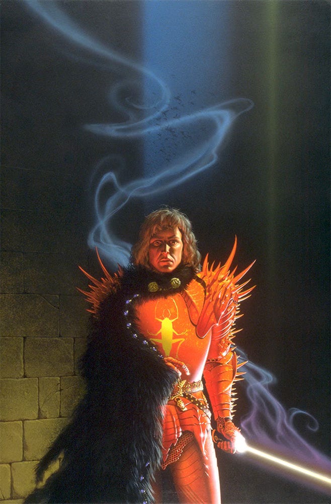 A knight in red-orange plate armor stares at the viewer with disturbing intensity. His face is lit red and his eyes are drawn to beads. Low at his side, he grips a thin sword that glows with intense white light. Smoke wafts off the blade curling up along the smooth blocks of the stone wall behind him. The crest of an insect is emblazoned large on his chest. With his offhand he draws a black fur cloak across him creating a stark contrast with his bright armor. Wicked spikes stick up from the pauldrons, penetrating the cloak across one shoulder and running the length of his sword arm.