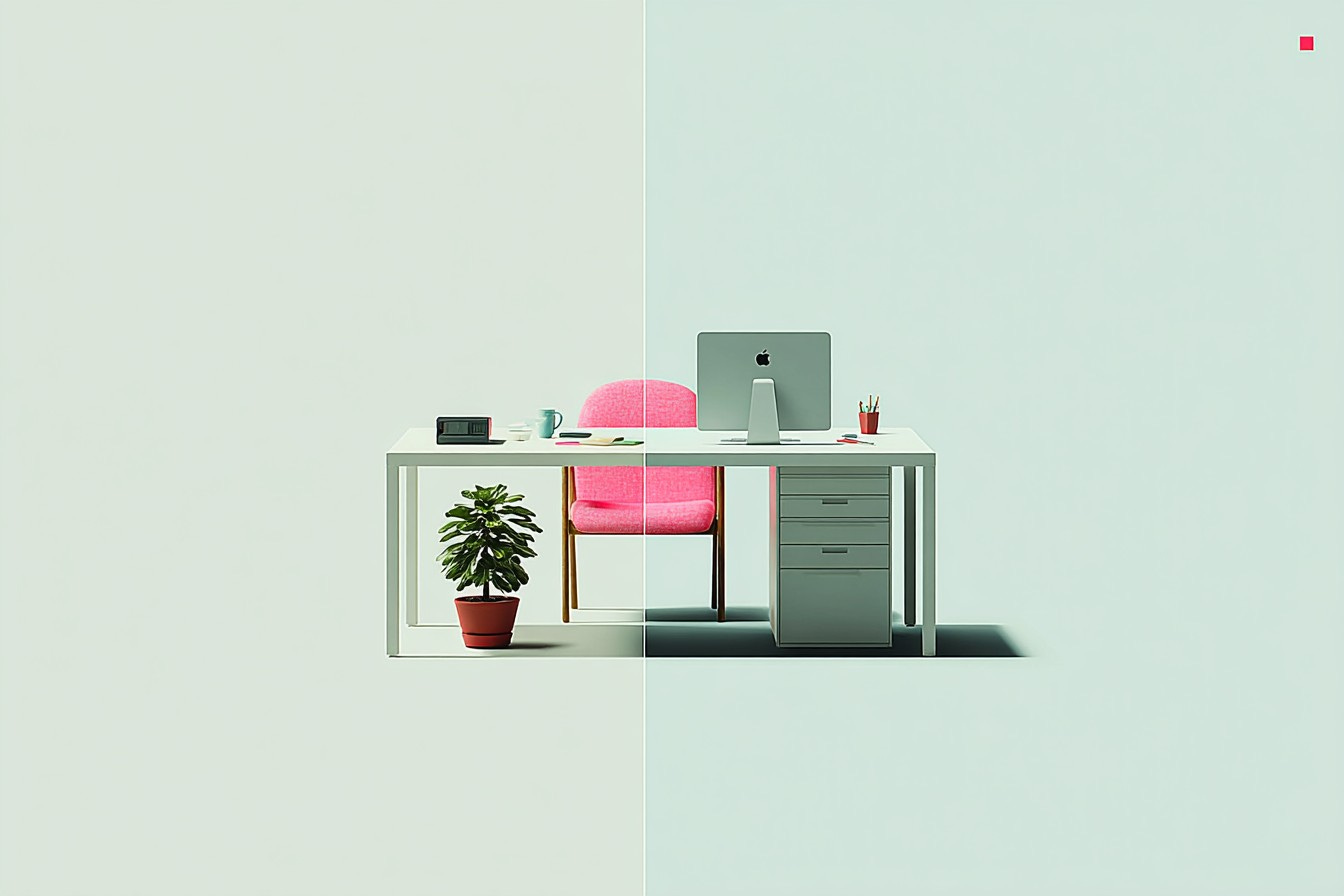 illustration of a split view of two different offices illustration of a split view of two different offices