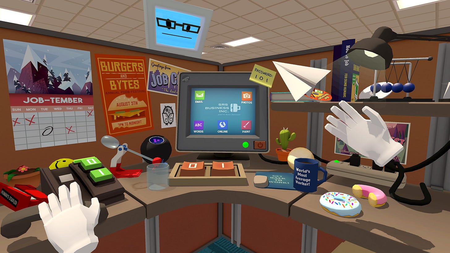 Cartoon hands float in a VR office cubicle.