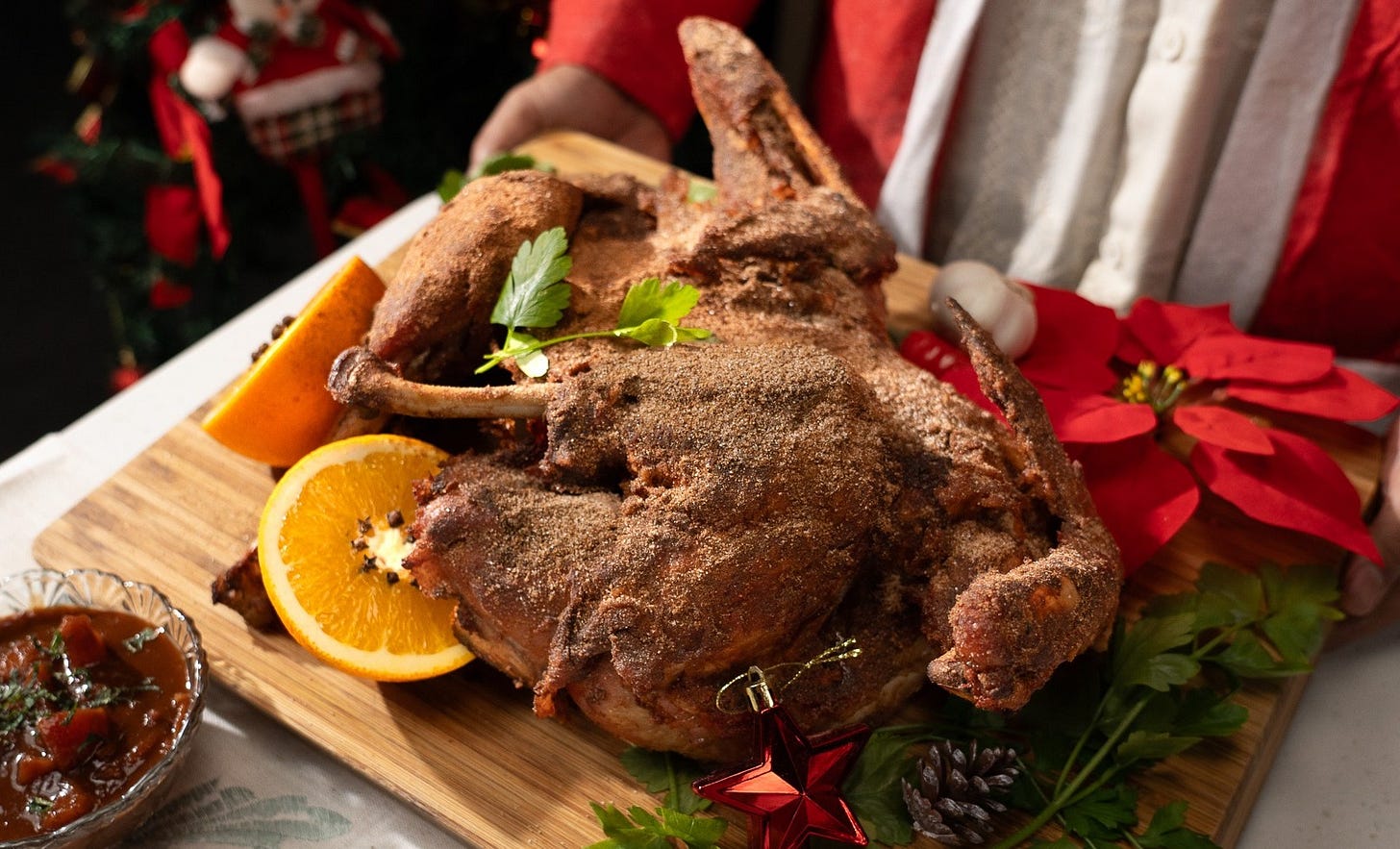 whole fried turkey dusted with seasoning