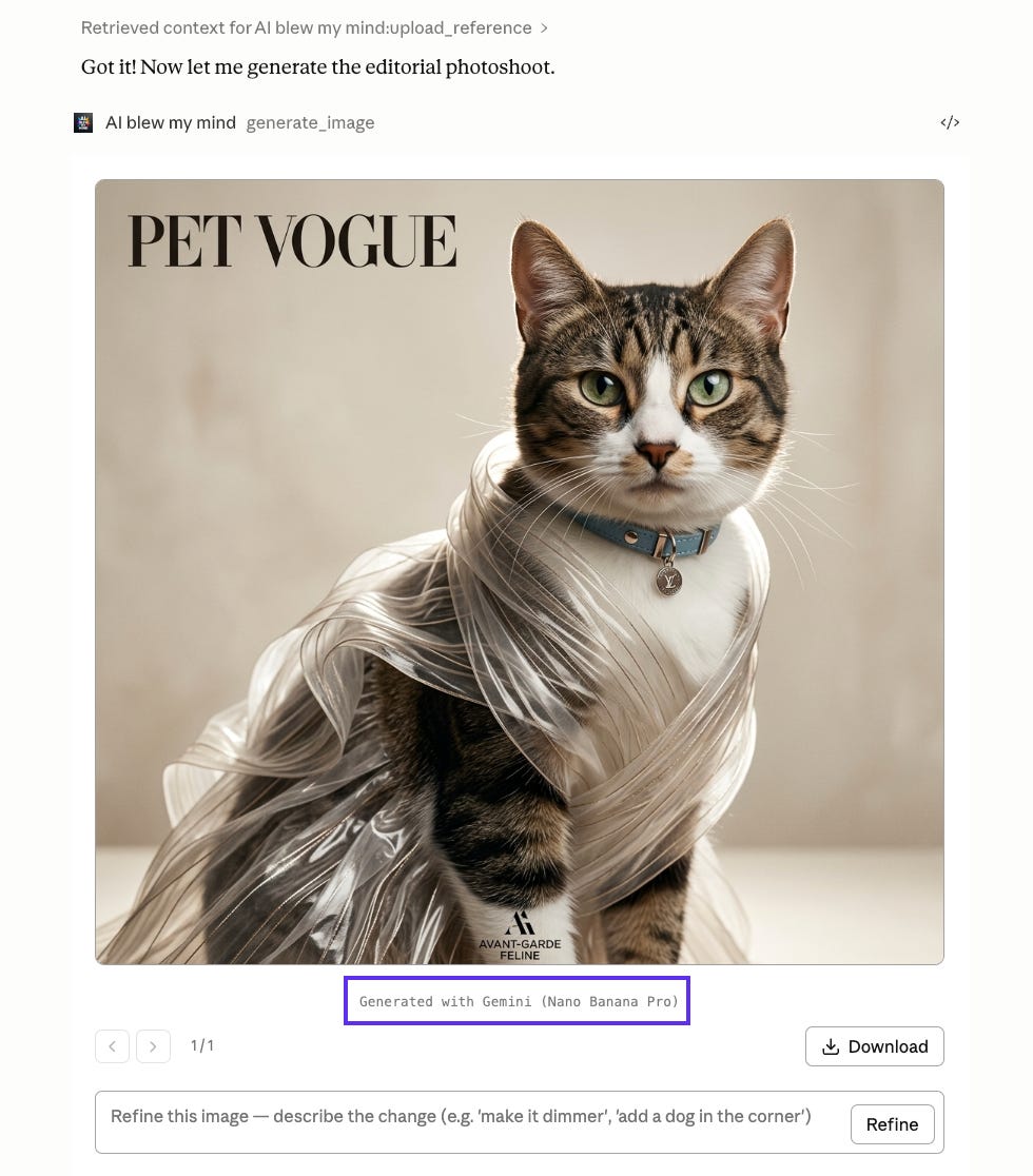 AI-generated pet fashion magazine cover created with Nano Banana 2 inside Claude using the AI BLEW MY MIND Amplifiers workflow. The image shows a tabby cat wearing flowing transparent plastic fabric styled like avant-garde luxury fashion for a fictional “PET VOGUE” editorial photoshoot. The composition includes soft neutral studio lighting, highly detailed fur textures, realistic fabric rendering, and elegant fashion-magazine aesthetics inspired by luxury editorial photography. The generation highlights Nano Banana 2’s ability to reinterpret a simple reference image into a cinematic high-fashion concept while maintaining realistic feline features and sophisticated styling details.
