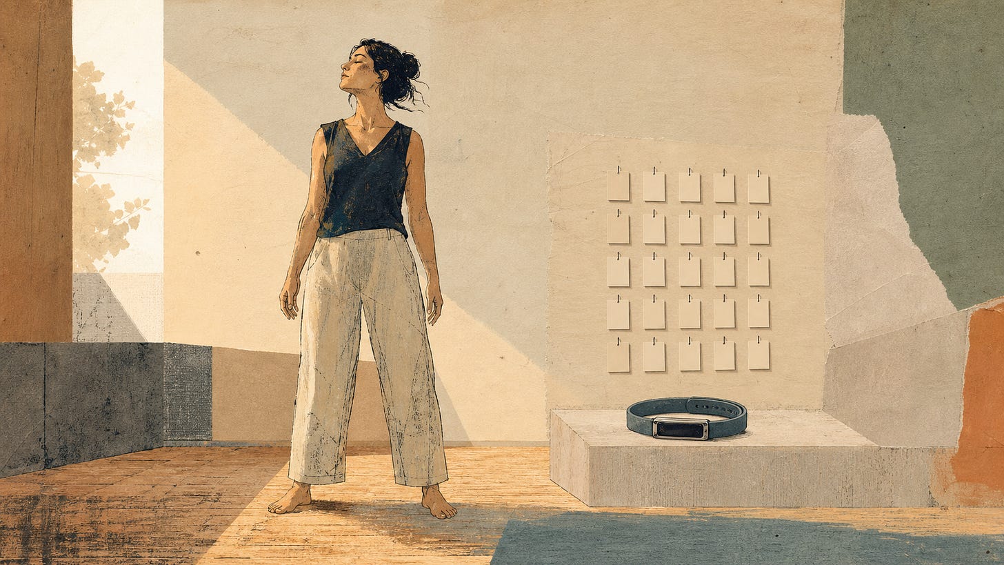 A barefoot woman stands calmly beside a fitness tracker and a wall of blank measurement cards