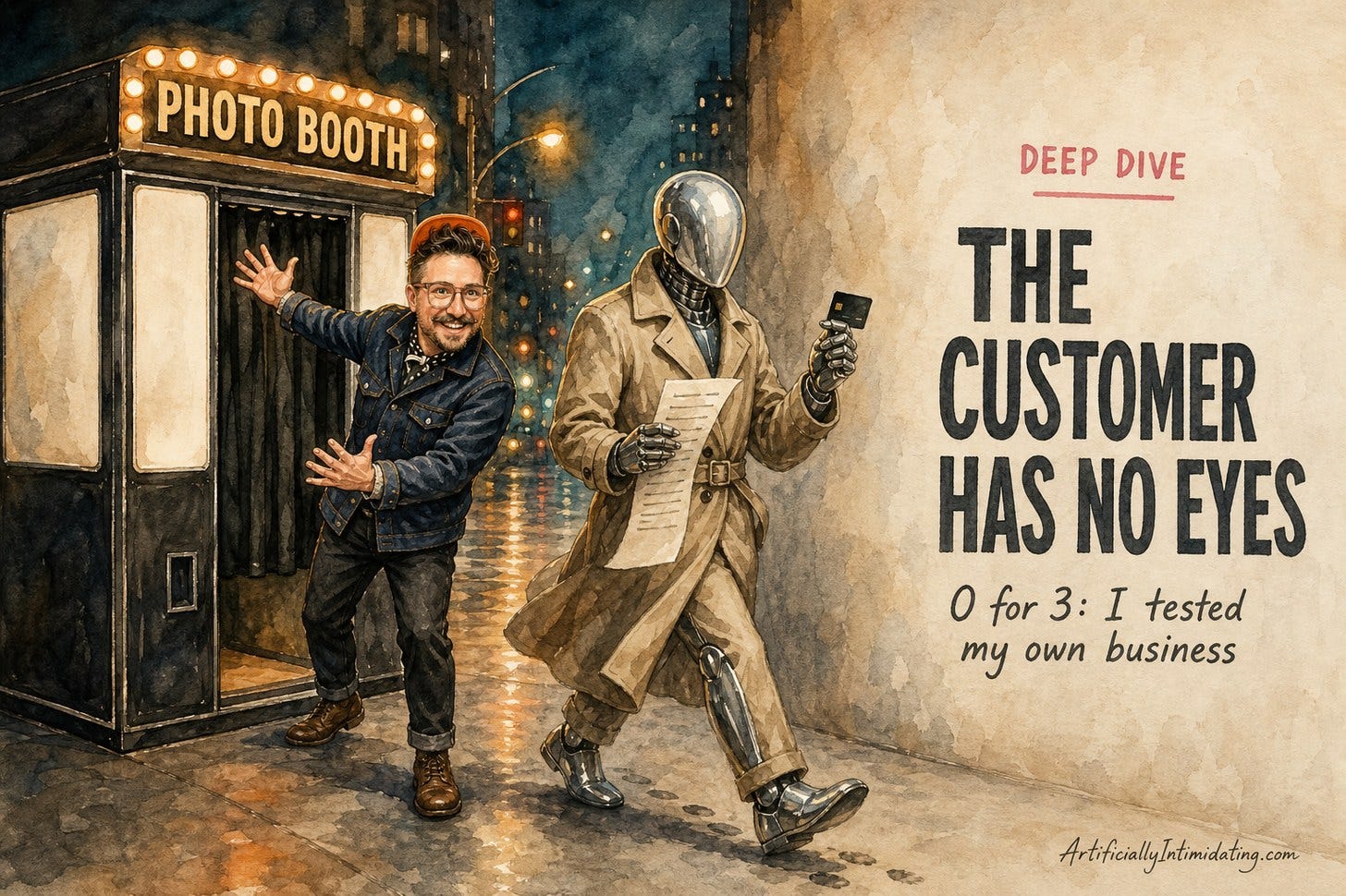Watercolor illustration of a smiling man in glasses and an orange cap waving beside a vintage photo booth on a city street at night, while a faceless chrome robot in a trench coat holding up a credit card walks past without looking. Watercolor illustration of a smiling man in glasses and an orange cap waving beside a vintage photo booth on a city street at night, while a faceless chrome robot in a trench coat holding up a credit card walks past without looking.
