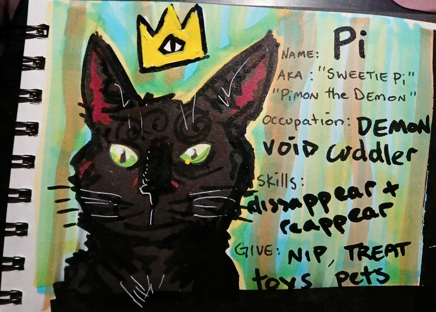 Drawing of a black cat wearing a gold crown a list of facts about the cat