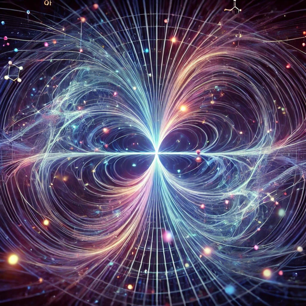 An abstract, futuristic image visualizing the connection between quantum mechanics and magnetic fields, representing the Theory of Magnetivity. Show a glowing central field line network with swirling particles and wave functions, symbolizing entanglement and wave function collapse. Depict subtle magnetic field lines interacting with quantum particles, creating a web-like structure linking microscopic particles with cosmic elements. Use deep blues, purples, and neon green highlights, creating a mysterious and scientific aesthetic that bridges quantum and cosmic scales.