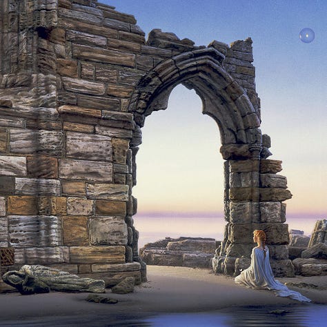 LEFT: Detail from DAWN PORTAL featuring a woman in white gown kneeling at the pointed archway of abbey ruins. Her red hair is braided tightly falling to her mid-back. She wears a white gown that trails behind her to the water’s edge. CENTER: Background detail from DAWN PORTAL featuring a robed statue holding a book fallen on its side on the wet sand. The abbey wall behind it is made of mismatched rough stone, varying in color, texture and rectangular dimensions. RIGHT: Close detail from DAWN PORTAL featuring a pair of statues, a man and woman in robes both holding books. She holds her book low while he clutches a tome to his chest. A fractured column of stone set in layers of rounded blocks rises behind the statues. The rest of the abbey lies in ruins. The sky beyond is blue that fades to pale yellow then a smoky purple band on the horizon.