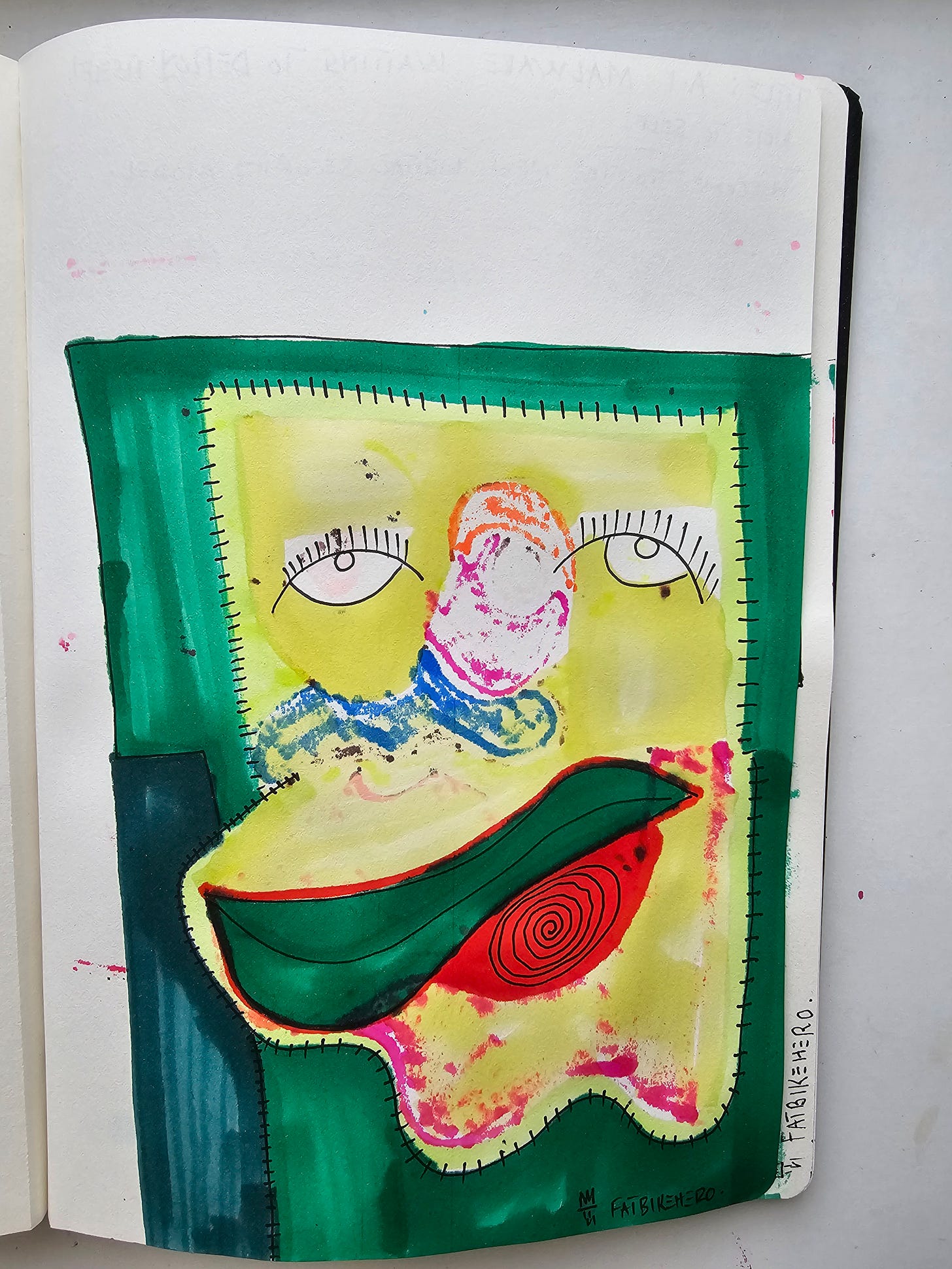 Hand-drawn abstract face in yellow and green with stitched edges and red spiral element titled “A.I Malware Waiting To Deploy Itself!”