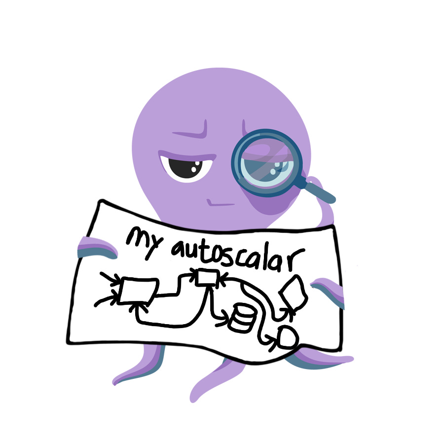 A purple octopus holding a sign that says "my autoscalar", and is covered with boxes and arrows going every which way A purple octopus holding a sign that says "my autoscalar", and is covered with boxes and arrows going every which way