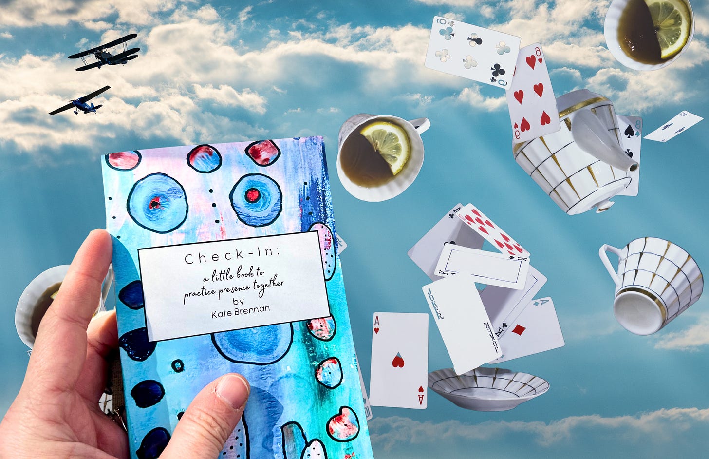 The Check-In book against a sky backdrop with floating tea cups and fighter planes The Check-In book against a sky backdrop with floating tea cups and fighter planes