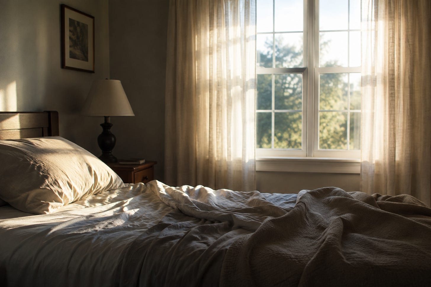 An unmade bed in a quiet bedroom illuminated by soft morning sunlight coming through a large window.