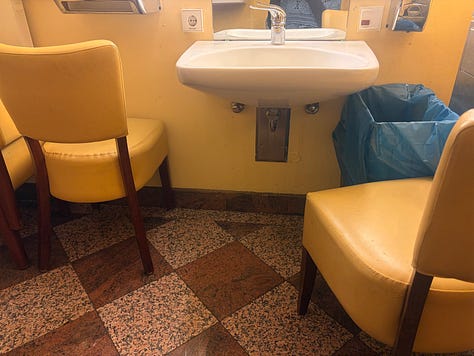 A potbury of accessible toilet photos with chairs, ladders, parasols and clutter 