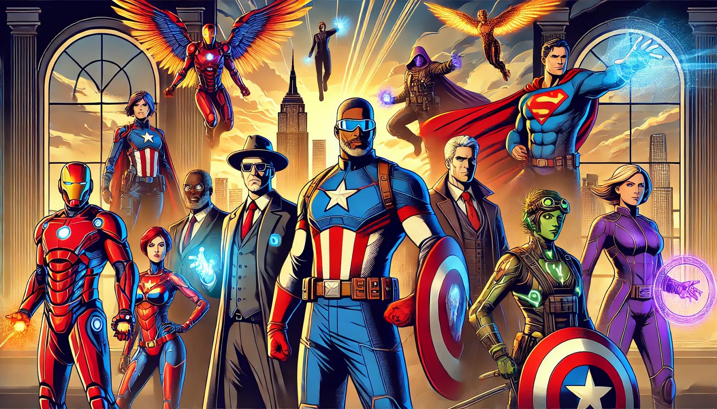 A dynamic and colorful group illustration portraying generic characters inspired by Marvel and DC superheroes, styled as a team of political figures. The scene features a variety of costumes reflecting iconic superhero themes like capes, armor, and masks. Each character has unique powers and appearances, such as a strong leader-like figure with a shield, a tech-savvy hero in a high-tech suit, and a mystical figure with glowing energy. The background includes a dramatic cityscape with a setting sun. The overall tone is bold and heroic, with vibrant colors and dynamic poses. A dynamic and colorful group illustration portraying generic characters inspired by Marvel and DC superheroes, styled as a team of political figures. The scene features a variety of costumes reflecting iconic superhero themes like capes, armor, and masks. Each character has unique powers and appearances, such as a strong leader-like figure with a shield, a tech-savvy hero in a high-tech suit, and a mystical figure with glowing energy. The background includes a dramatic cityscape with a setting sun. The overall tone is bold and heroic, with vibrant colors and dynamic poses.