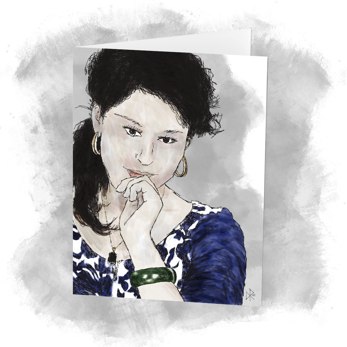 A close-up of a woman’s head and shoulder. She has worked hard on her hair, and is wearing some cool jewelry - large hoop earrings, a green chunky slip-on bakelite bracelet and a funky necklace to accessorize her blue and white dress. Sketch art by Don Rice.