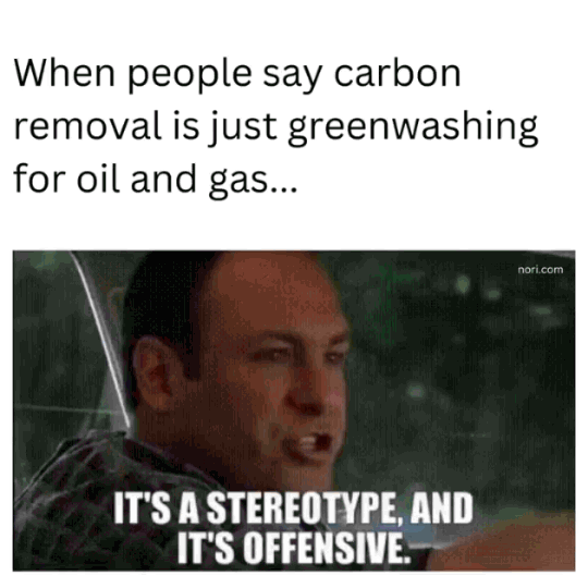 Animated. Text: "When people say carbon removal is just greenwashing for oil and gas..." Tony Soprano, driving, says "It's a stereotype, and it's offensive."