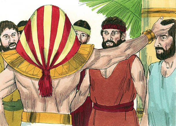 Joseph Tells Brothers to Live with Him Joseph, son of Jacob, had eleven brothers. The brothers resented him for being Jacob’s favorite. Jacob had given Joseph a coat of many colors. That angered the brothers. Joseph had two dreams. In each he was lifted high above the brothers. That made them angry. They sold him into slavery and told their father he was dead. Joseph ended up in the house of Potiphar. He was successful and honored in that house until Potiphar’s wife tried to persuade him to have an inappropriate relationship. He refused and she falsely accused him. Joseph landed in jail. He was there until Pharaoh had a dream and needed someone to interpret it. He called for Joseph. Joseph told him famine was coming to Egypt and what needed to be done to prepare. Again Joseph gained success and prominence in Egypt. His brothers came to buy grain. Joseph told them to return and bring back the youngest brother. He demanded one brother stay behind. He tested his brothers by hiding money in their grain bags. They returned the money. They did as instructed, brought back Benjamin. Again Joseph tested his brothers by hiding a goblet in Benjamin’s bag. When found, he insisted Benjamin stay behind. The brothers begged for mercy for their father’s sake. Joseph knew they had changed. He revealed his identity and was reunited with his brothers and father, Jacob.  joseph egypt stock pictures, royalty-free photos & images