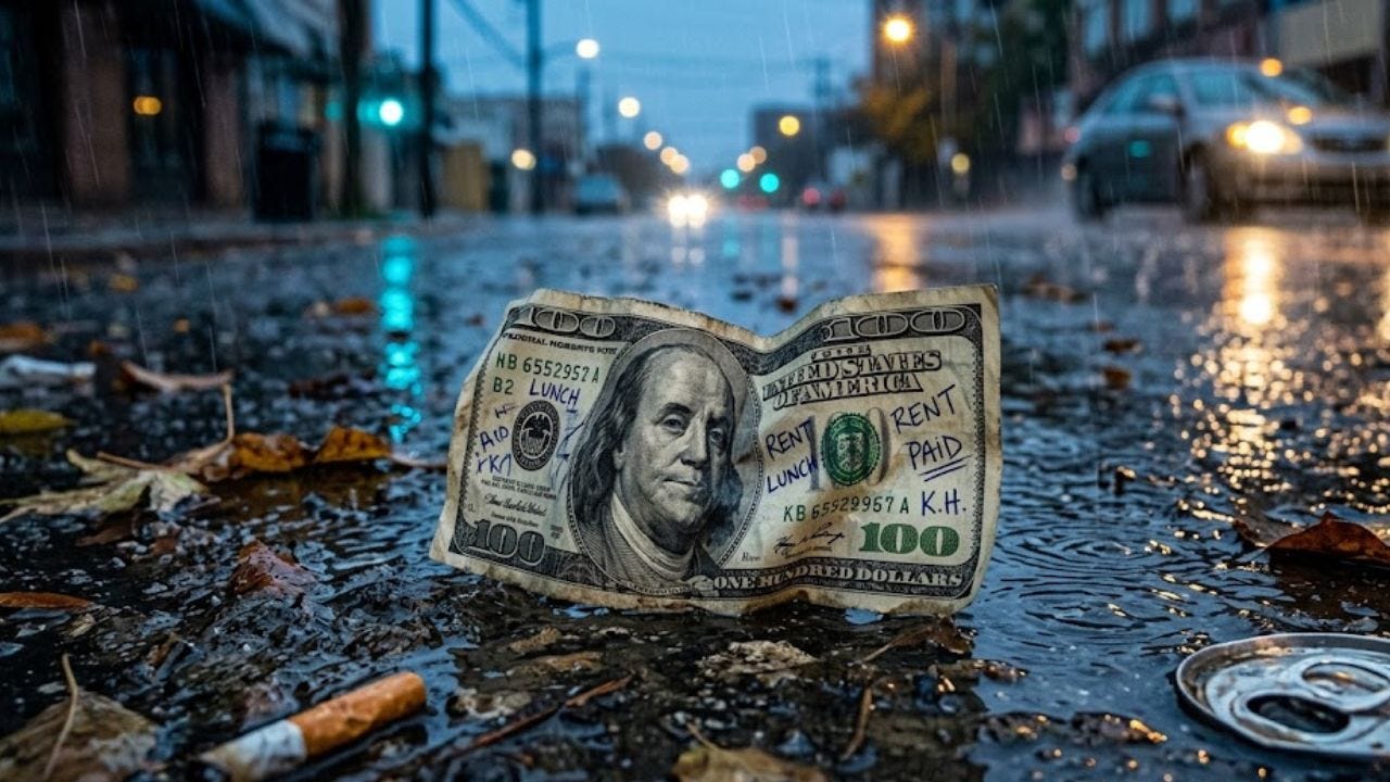 A crumpled, weathered $100 bill lying on a rain-slicked city street at twilight. The bill is small and isolated against the dark asphalt, covered in handwritten notes and ink marks, illustrating the concept that inherent human worth remains immutable even when life feels overwhelming. A crumpled, weathered $100 bill lying on a rain-slicked city street at twilight. The bill is small and isolated against the dark asphalt, covered in handwritten notes and ink marks, illustrating the concept that inherent human worth remains immutable even when life feels overwhelming.