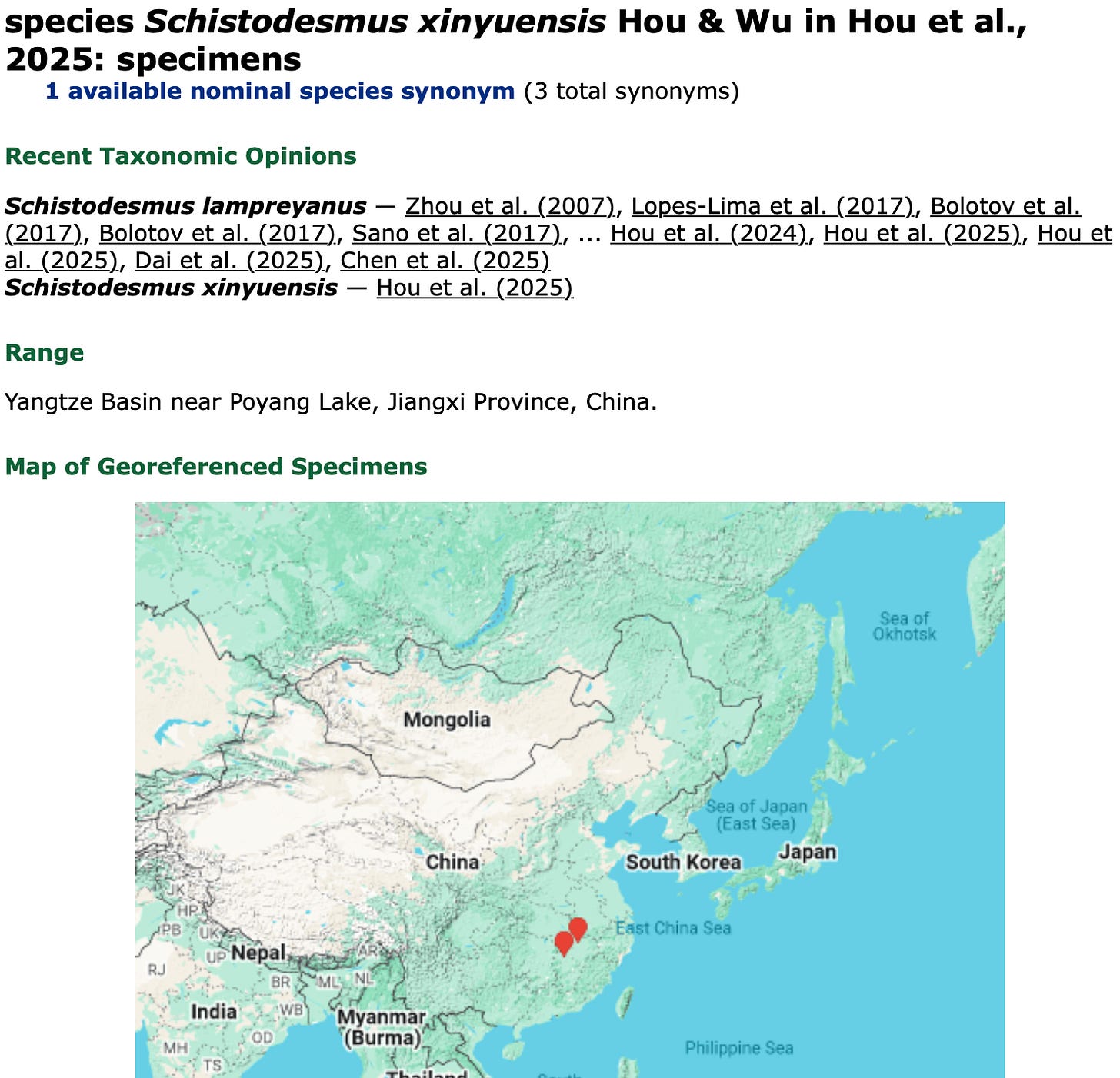 Screen shot of the Schistodesmus xinyuensis specimens page from the MUSSELpdb.